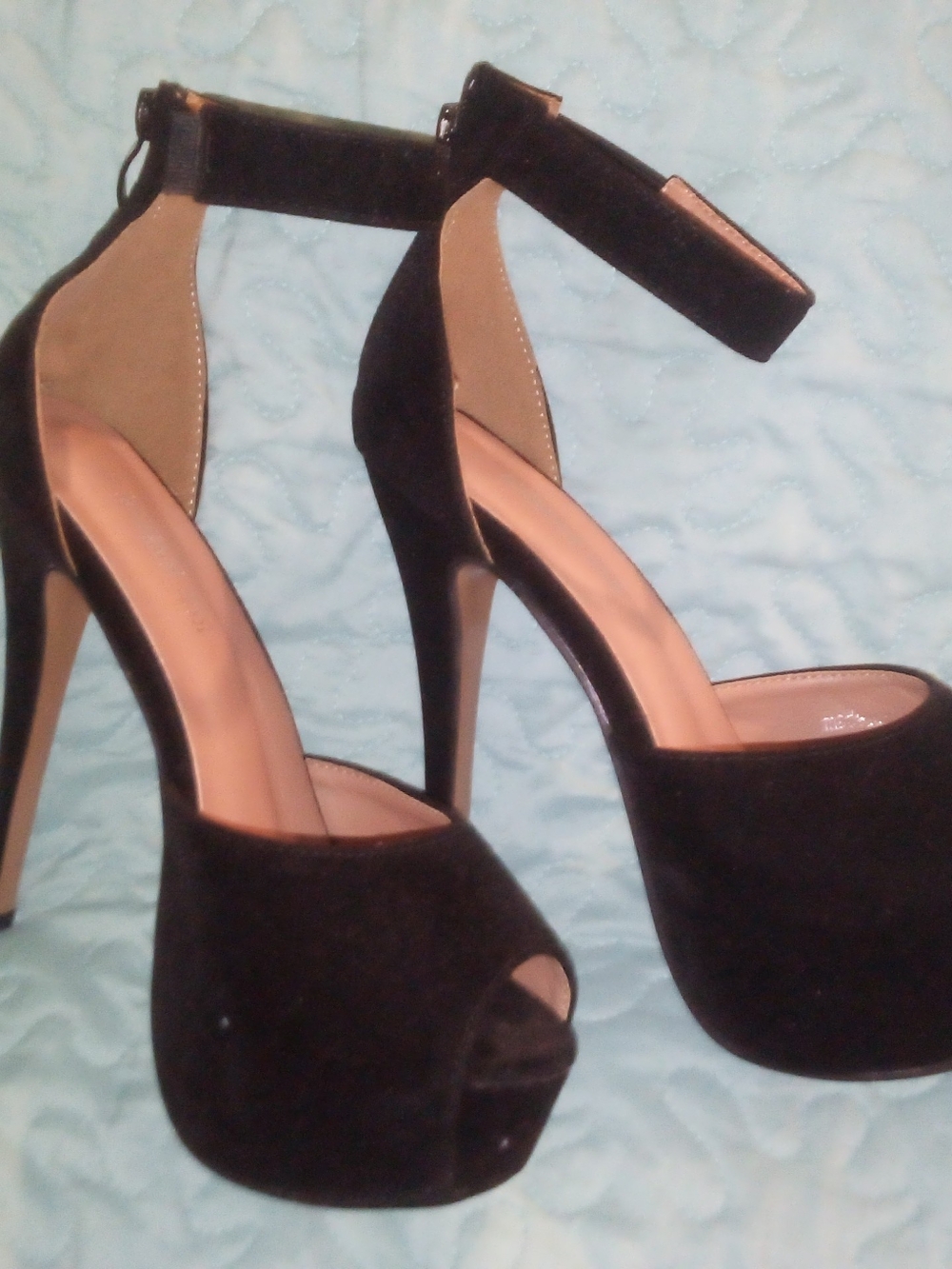 Black Velour Peep-Toe Platform Heels with Ankle Strap